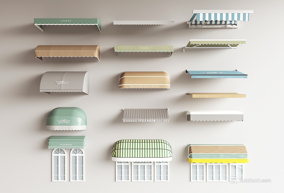 Various Colored Outdoor Awnings With Different Styles Patterns And Designs 3d model 