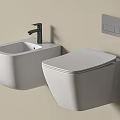 Modern Bathroom Interior Featuring Wall Mounted Toilet Sink Black Faucet Beige Wall And Gray Panel