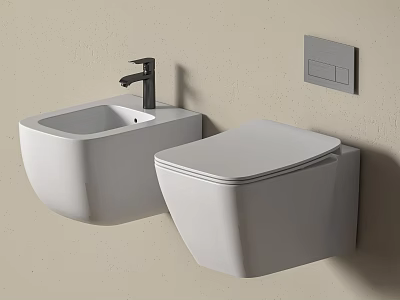 Modern Bathroom Interior Featuring Wall Mounted Toilet Sink Black Faucet Beige Wall And Gray Panel 3d model