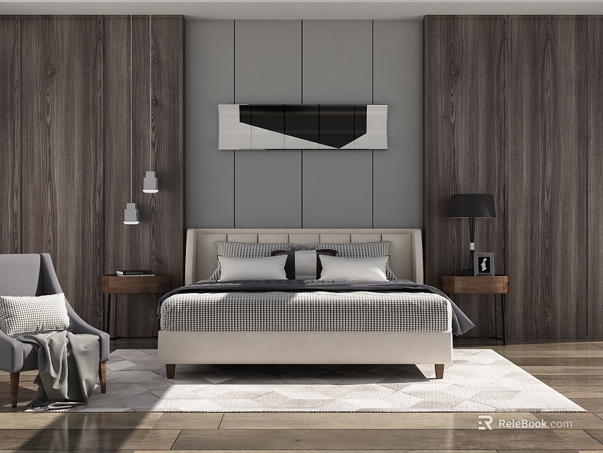 Modern Background Double Bed With Headboard Nightstands Lamps Gray Panels And Wooden Walls Rug 3d model 