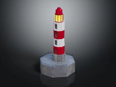 Red And White Striped Decorative Furniture Lighthouse With Yellow Light And Hexagonal Base 3d model