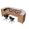Wooden Reception Desk With White Countertop LOGO Black Chairs And Small Plant