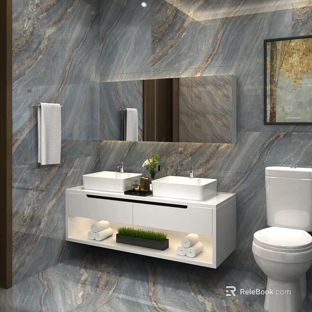 Modern Bathroom Vanity With Double Sinks Marble Wall Storage And Large Mirror 3d model 