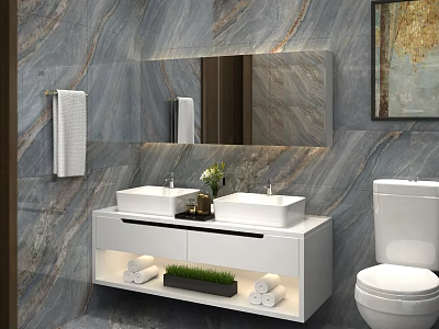 Modern Bathroom Vanity With Double Sinks Marble Wall Storage And Large Mirror 3d model