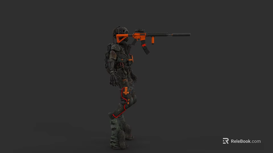 Sci Fi Game Movie Character In Black And Orange Mechanical Armor Holding Long Rifle 3d model 