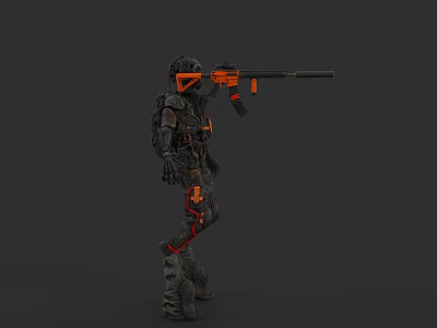 Sci Fi Game Movie Character In Black And Orange Mechanical Armor Holding Long Rifle 3d model