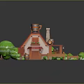 Whimsical Cartoon Cottage With Red Roof Chimney Barrels Green Shrubs And Wooden Fence
