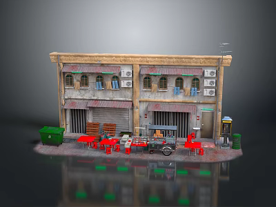 Vintage Small Shop Model With Roll Up Doors Red Tables And Trash Bins 3d model