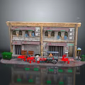 Vintage Small Shop Model With Roll Up Doors Red Tables And Trash Bins