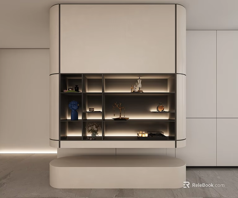 Minimalist Modern White Storage Shelf Unit With Open Shelves LED Lighting And Decorative Items 3d model 