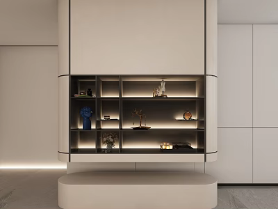 Minimalist Modern White Storage Shelf Unit With Open Shelves LED Lighting And Decorative Items 3d model