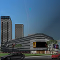 Modern Commercial Complex with Glass Curtain Walls Tall Buildings Shopping Mall Billboards Cars and Pedestrians