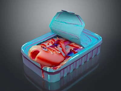 Open Blue Tuna Can With Red And Purple Meat Inside On Dark Background 3d model