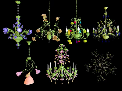 Diverse Green Chandeliers Featuring Flower Decorations Candle Shapes And Colorful Ornaments 3d model