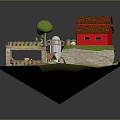 Cartoon Scene with Red House Tower Fence Garden Sheep and Green Plants