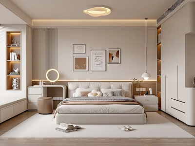 Modern Light Colored Bedroom Interior With Large Bed Wall Art Dressing Table And Pendant Light 3d model