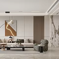 Modern Living and Dining Room Interior With Marble Wall Sofa And Coffee Table