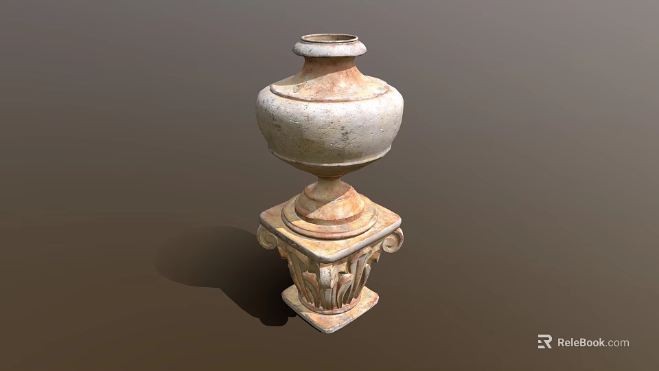 Fresh Green Plants in Weathered Ceramic Vase with Pedestal Base and Carved Details 3d model 
