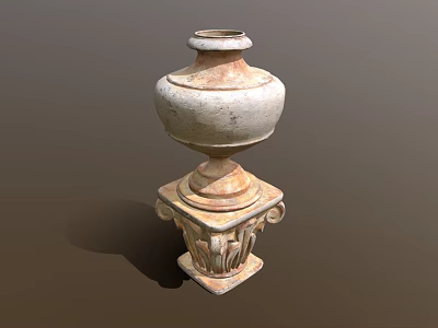 Fresh Green Plants in Weathered Ceramic Vase with Pedestal Base and Carved Details 3d model