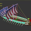 Ancient Sailing Vessel With Red And White Striped Sails And Wooden Oars