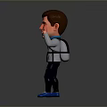 Cartoon Character With Short Hair Gray Top Black Backpack Dark Pants Blue Sneakers Smiling Fists Raised