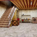 Cartoon Basement Scene with Wooden Stairs Railing Crate Shelf Washing Machine and Carpeted Floor