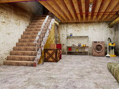 Cartoon Basement Scene with Wooden Stairs Railing Crate Shelf Washing Machine and Carpeted Floor 3d model
