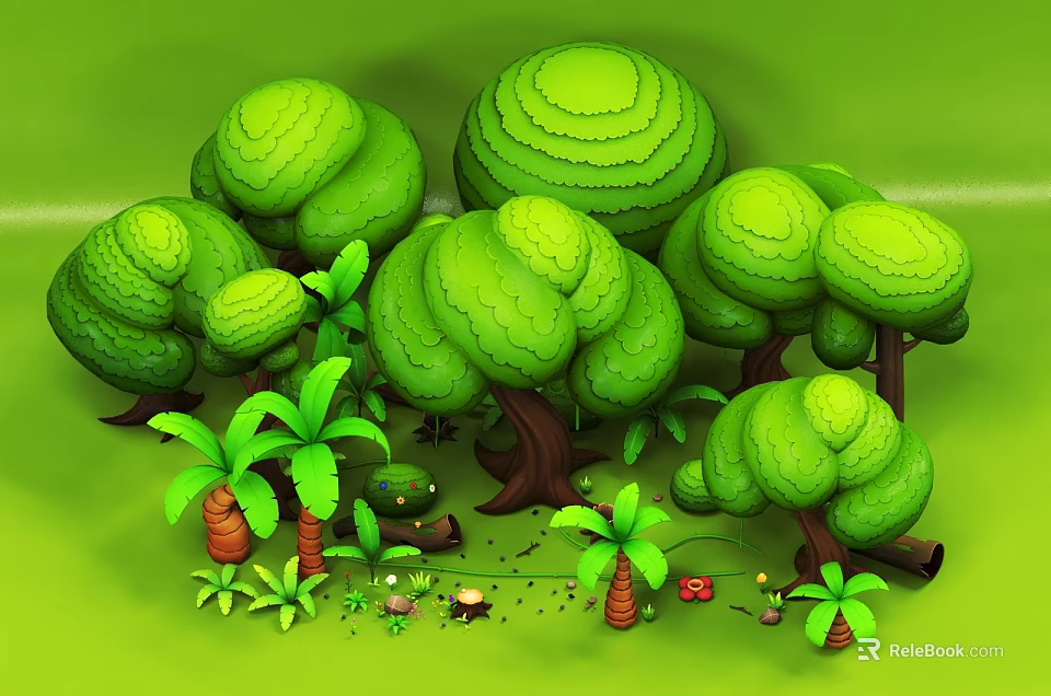 Cartoon Style Forest Scene With Dome Shaped Green Trees And Palm Plants 3d model 