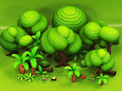 Cartoon Style Forest Scene With Dome Shaped Green Trees And Palm Plants 3d model
