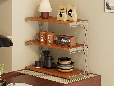Three Tier Wooden Shelf with Metal Frame Holding Coffee Bags Mugs Pot and Wooden Bowls 3d model