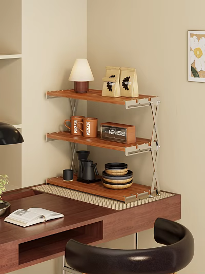 Three Tier Wooden Shelf with Metal Frame Holding Coffee Bags Mugs Pot and Wooden Bowls 3d model