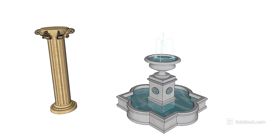Outdoor Multi Tiered Stone Fountain With Circular Basin And Decorative Column 3d model 