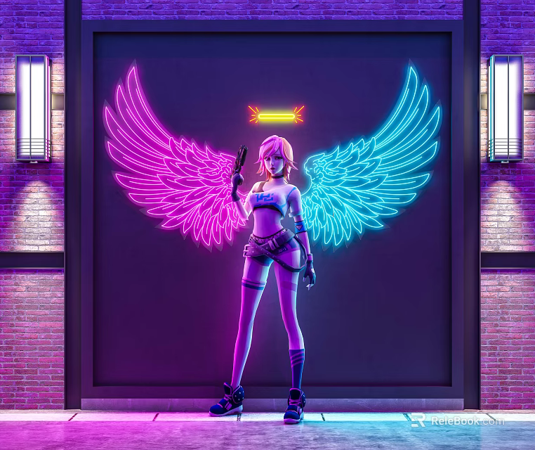 Pink And Blue Neon Decorative Lights With Wing Shape On Brick Wall And Side Lamps 3d model 