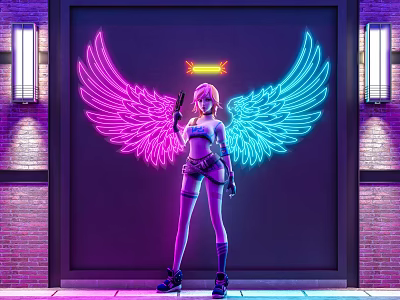 Pink And Blue Neon Decorative Lights With Wing Shape On Brick Wall And Side Lamps 3d model