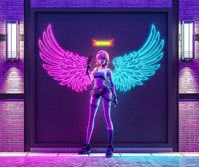Pink And Blue Neon Decorative Lights With Wing Shape On Brick Wall And Side Lamps 3d model
