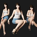 Women In White Tank Tops And Denim Shorts Sitting On Black Background With High Heels