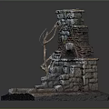 Ancient Stone Archway Model With Ruined Bricks Vines And Twigs On Base
