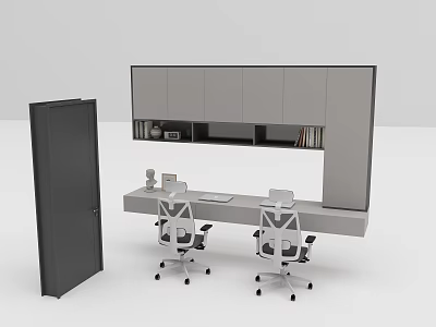 Modern Desk Interior Design With Two Office Chairs And Books In Cabinets 3d model
