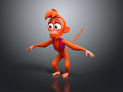 Orange Cartoon Train With Red Accents And Purple Details Standing On Gray Surface 3d model