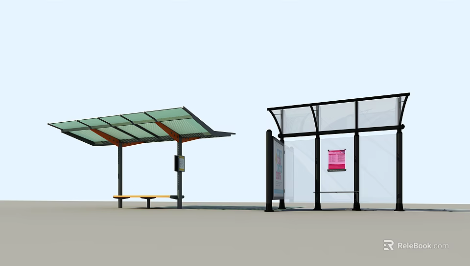 Modern Bus Stop Design With Green Roof Bench Glass Structure And Pink Poster 3d model 