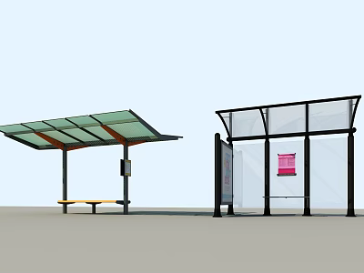 Modern Bus Stop Design With Green Roof Bench Glass Structure And Pink Poster 3d model