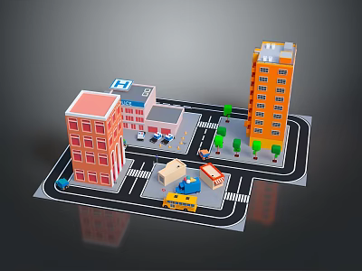 3D City Model With Colorful Buildings Hospital Vehicles Street And Trees 3d model
