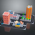 3D City Model With Colorful Buildings Hospital Vehicles Street And Trees