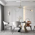Modern Dining Table Set With Gray And Brown Chairs Hanging Light And Wall Decor 3d model