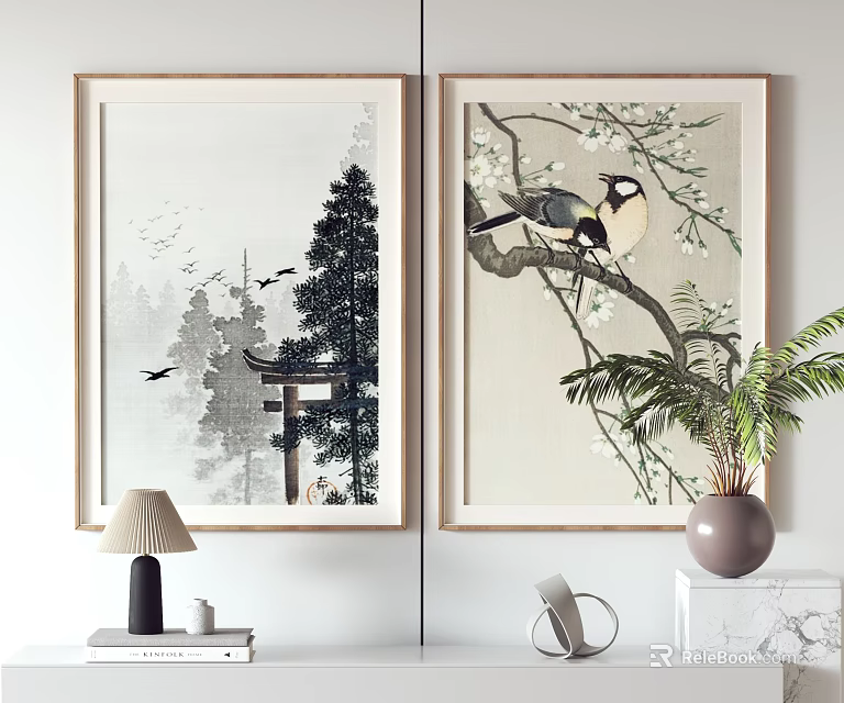 Traditional Wall Art Paintings With Birds Tree Branches And Home Decor Elements 3d model