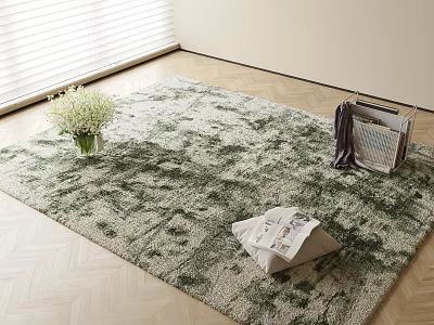 Soft Square Carpet on Wooden Floor with Window Blinds Vase Flowers and Magazines 3d model