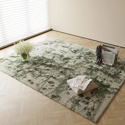 Soft Square Carpet on Wooden Floor with Window Blinds Vase Flowers and Magazines 3d model