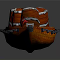 Traditional Orange Wooden Boat With Red Barrels And Metal Details Sailing On Water