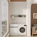 Cozy Home Balcony Design with White Cabinets Washing Machine and City View Window