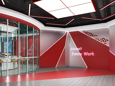 Modern Sweet Dance Fitness Studio Interior With Red White Design And Glass Walls 3d model
